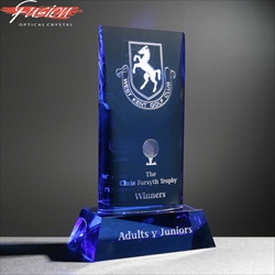 Blue optical crystal trophy, engraved for golf trophy.