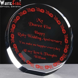 Crystal Circle, engraved & filled with Ruby colour. 40th Anniversary gift for her.