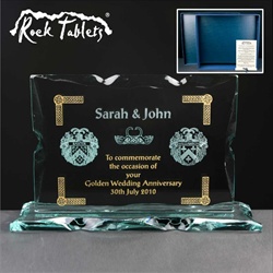 50th Anniversary gift for Couple. Glass Tablet, engraved & infilled gold.