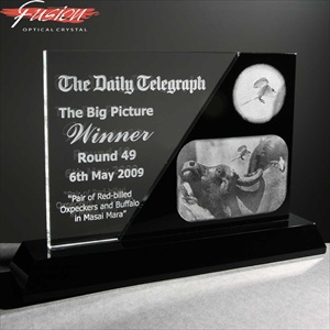 Glass plaque, photoengraved with photograph and text.