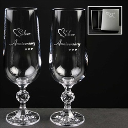 Pair of Champagne Flutes printed Silver for 25th Anniversary for Parents 