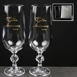 Pair Champagne Flutes printed Gold to celebrate 50th Anniversary for Parents. 
