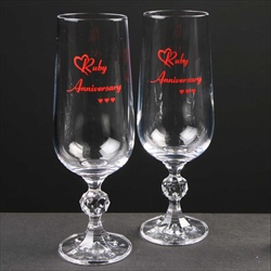 Pair of 40th Anniversary Champagne Flutes, printed ruby colour.