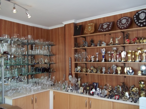 A large range of glass and crystal is shown in the shop in Congleton, Cheshire. H Cooper Glass Engravers, UK suppliers