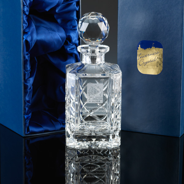 "Inverness Crystal" Square Spirit Decanter, for engraving.
