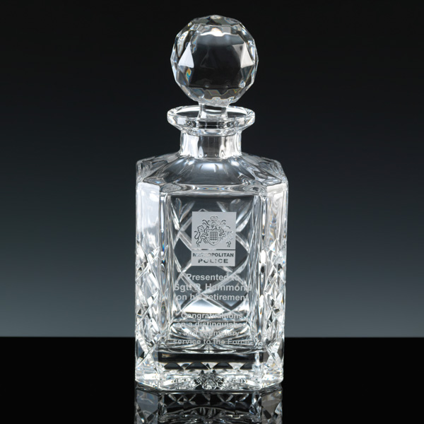 Lead Crystal Decanter. Clear Panel for Engraving.