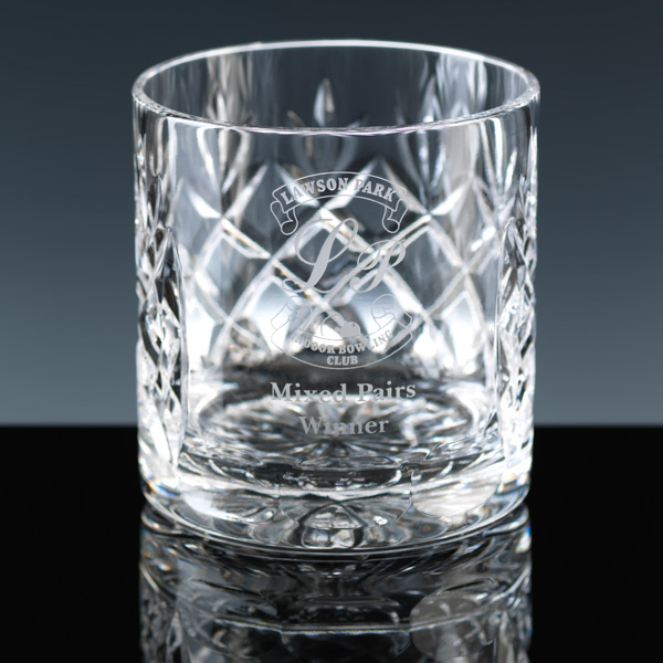 Cut-crystal whisky glass, with panel for engraving
