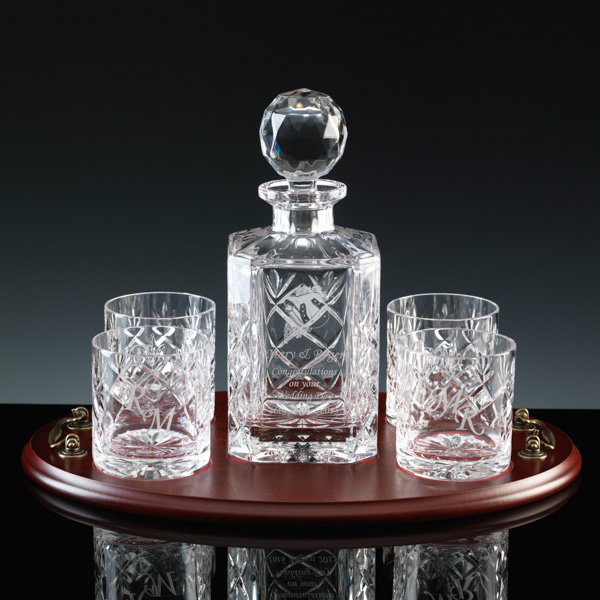 Cut Crystal Whisky Set. Decanter, 4 glasses and wood tray.