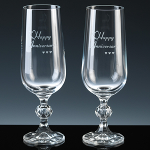 Inexpensive pair of Champagne Flutes for a Wedding Anniversary, packed in a Silver branded box, ready to buy now