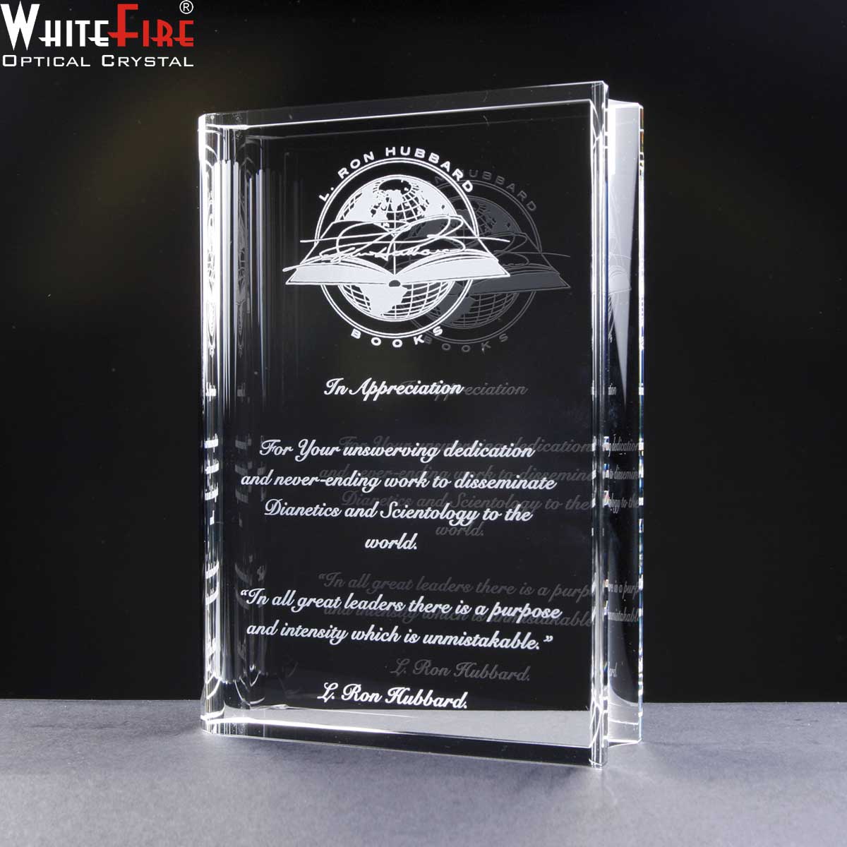 Optical Crystal book shape, engraved for Employee Recognition Award.