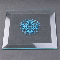 Bevelled, square glass coaster, printed for promotional gift.