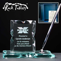 Engraved glass plaque and pen, for Retirement Gift.