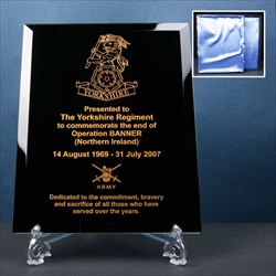 Engraved Black Glass Mirror Plaque for Military presentations.