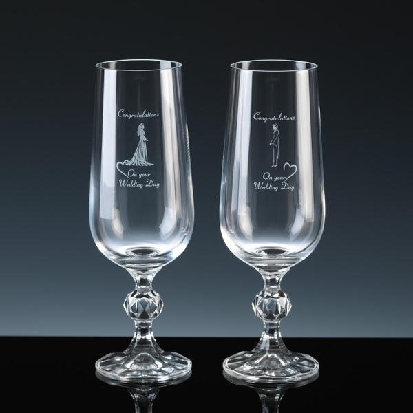 Crystal Gifts 6oz Champagne Flutes Bride Groom, Pair, Silver Boxed