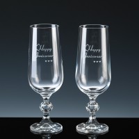 Crystal Gifts 6oz Champagne Flutes Happy Anniversary, Pair, Silver Boxed