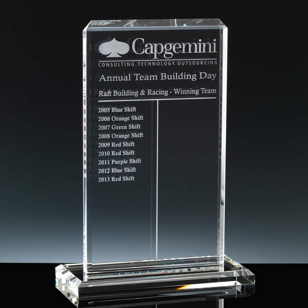 Optical Crystal Award 9.5 inch Vertical Standard, Single, Velvet Casket