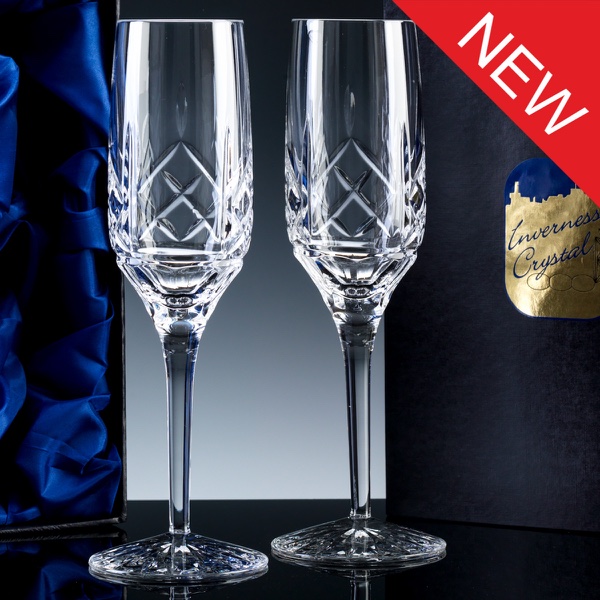 Inverness Crystal Premier Panelled 24% Lead Crystal 6oz Champagne Flute, Pair, Satin Boxed