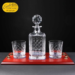 Whiskey Set. Wood Tray, crystal decanter and 2 glasses.