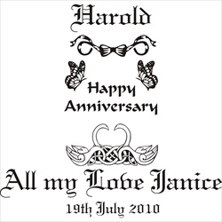 An engraving layout for a Wedding Anniversary Gift for Him, with butterflies, ribbons and Celtic swans.