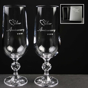 Pair silver printed 25th Wedding Anniversary Champagne Flutes.