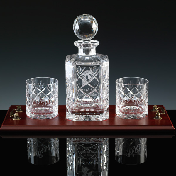 Whisky Set. Decanter & 2 glasses on wood tray.