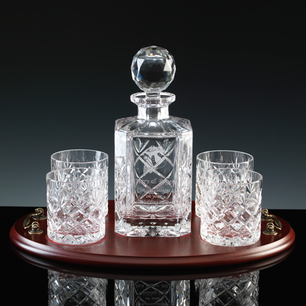 Whiskey Set. Cut-crystal decanter and 4 glasses on wood tray.
