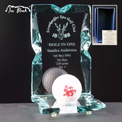 "Ice Block" engraved glass Hole in One Award.
