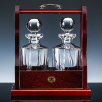 Inverness Crystal Flame Pair Fully Cut Decanters and Wood Tantalus